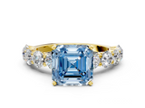 Yellow gold Fancy Blue Asscher  Diamond Prong Setting with Side Stones on a Pave Band