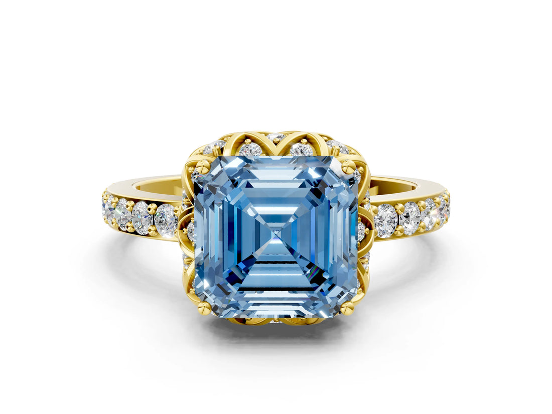 Yellow gold Fancy Blue Asscher  Diamond Solitaire Ring with Shared Prong Pavé Band_29
