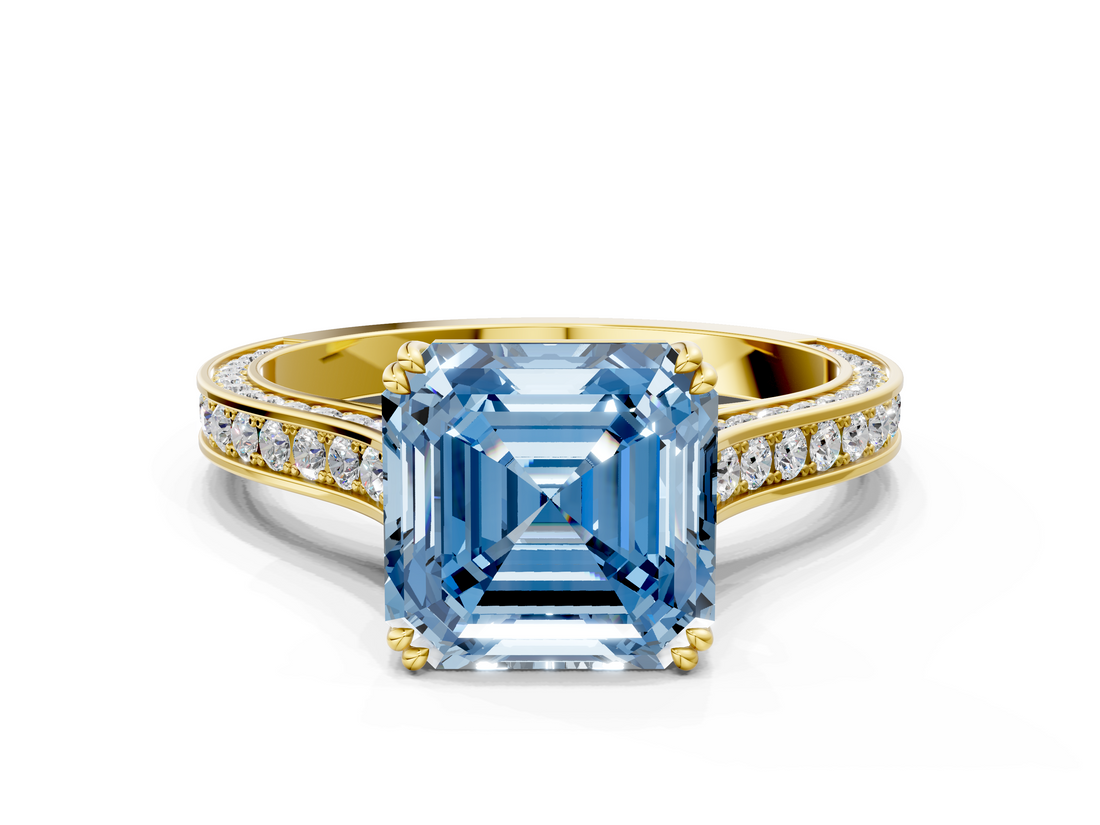 Yellow gold Fancy Blue Asscher  Diamond Solitaire with Pave Band and Six-Prong Setting_70