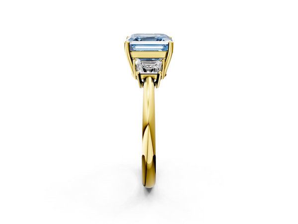 Yellow Gold Asscher Cut Three Stone Engagement Ring Setting for Fancy Blue Center with Trapezoid Side Stones