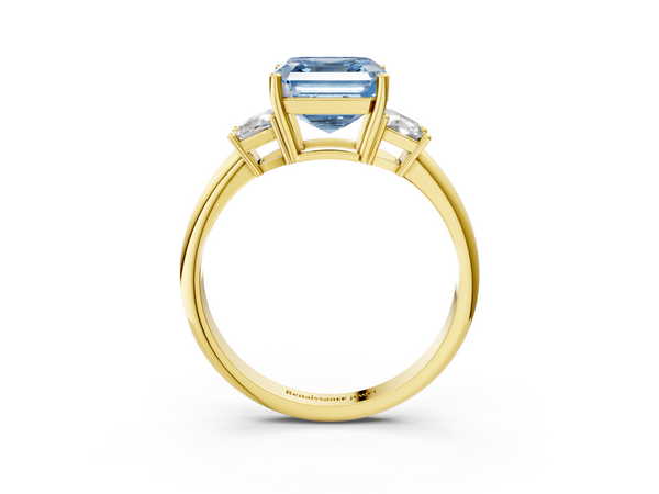 Yellow Gold Asscher Cut Three Stone Engagement Ring Setting for Fancy Blue Center with Trapezoid Side Stones