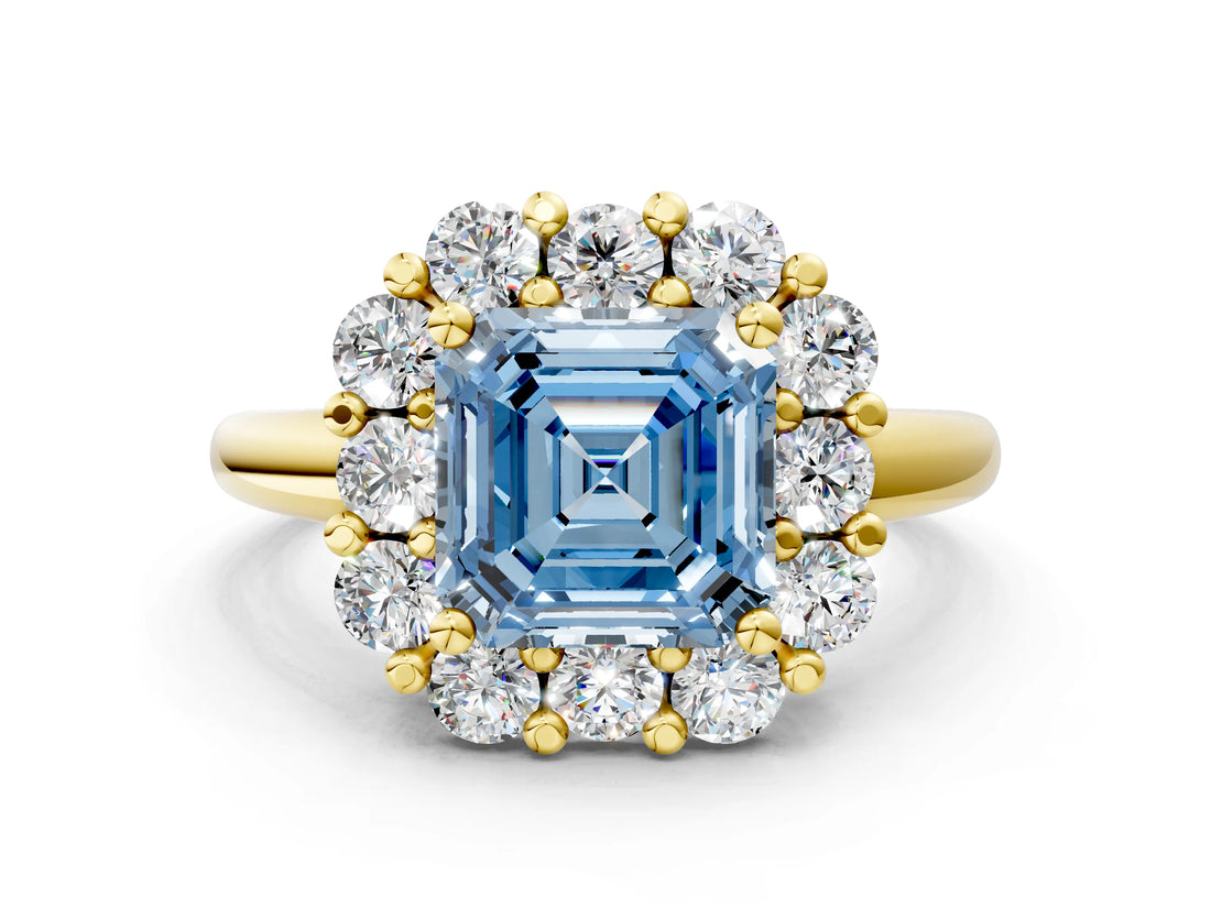 Yellow gold Fancy Blue Asscher  Halo Cluster Diamond Engagement Ring with Prong Setting and Polished Band_20