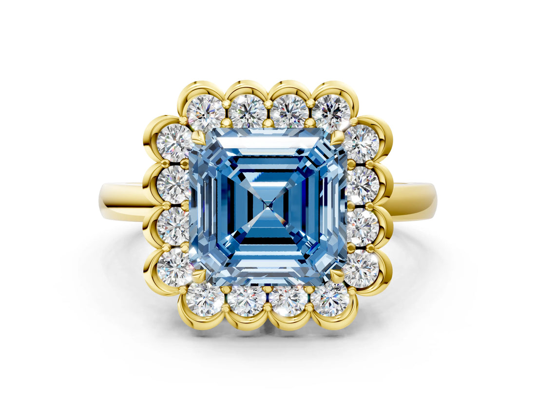 Yellow gold Fancy Blue Asscher  Halo Cluster Diamond Engagement Ring with Solitaire Band and Prong Setting_29