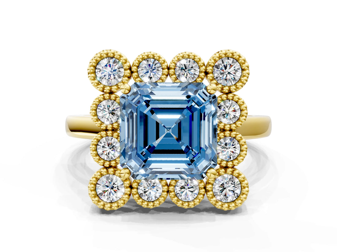 Yellow gold Fancy Blue Asscher  Halo Diamond Cluster Engagement Ring with Milgrain Bezel Setting and Solitaire Band_27