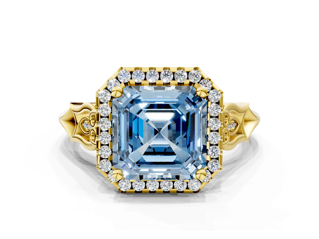 Yellow gold Fancy Blue Asscher  Halo Diamond Engagement Ring with Filigree Band and Four-Prong Setting_69