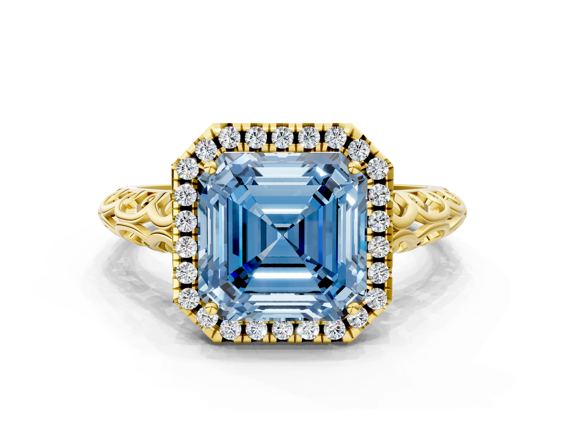 Yellow gold Fancy Blue Asscher  Halo Diamond Engagement Ring with Intricate Filigree Band and Four-Prong Setting