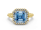 Yellow gold Fancy Blue Asscher  Halo Diamond Engagement Ring with Intricate Filigree Band and Four-Prong Setting