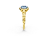 Yellow gold Fancy Blue Asscher  Halo Diamond Engagement Ring with Intricate Filigree Band and Four-Prong Setting_2