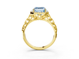 Yellow gold Fancy Blue Asscher  Halo Diamond Engagement Ring with Intricate Filigree Band and Four-Prong Setting_3