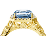 Yellow gold Fancy Blue Asscher  Halo Diamond Engagement Ring with Intricate Filigree Band and Four-Prong Setting_4