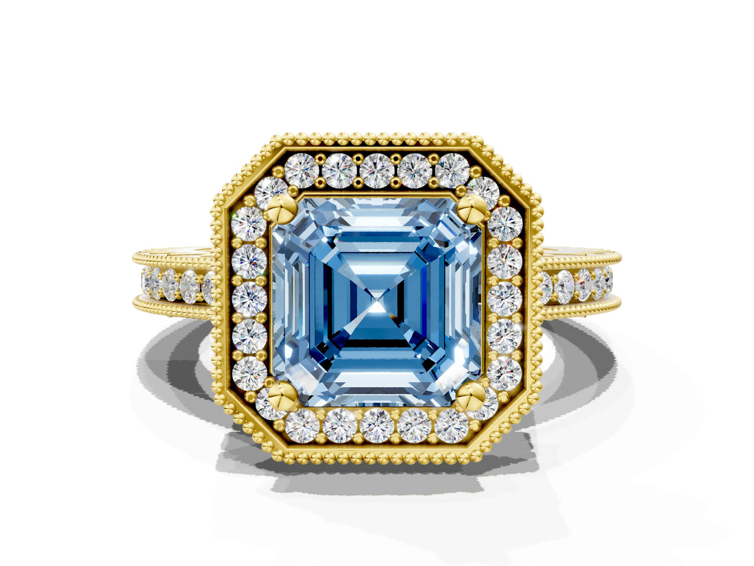Yellow gold Fancy Blue Asscher  Halo Diamond Engagement Ring with Milgrain Pave Band and Four-Prong Setting_12
