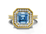 Yellow gold Fancy Blue Asscher  Halo Diamond Engagement Ring with Milgrain Pave Band and Four-Prong Setting_12
