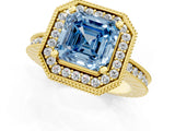 Yellow gold Fancy Blue Asscher  Halo Diamond Engagement Ring with Milgrain Pave Band and Four-Prong Setting_39