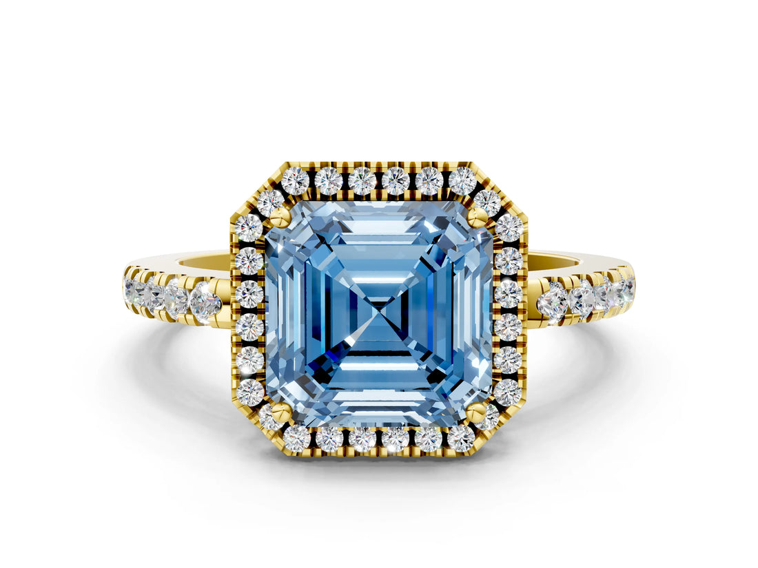 Yellow gold Fancy Blue Asscher  Halo Diamond Engagement Ring with Pavé Band and Four-Prong Setting_20