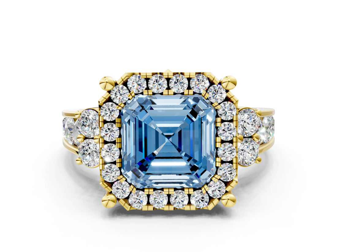 Yellow gold Fancy Blue Asscher  Halo Diamond Engagement Ring with Split Shank and Four-Prong Setting