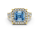 Yellow gold Fancy Blue Asscher  Halo Diamond Engagement Ring with Split Shank and Four-Prong Setting