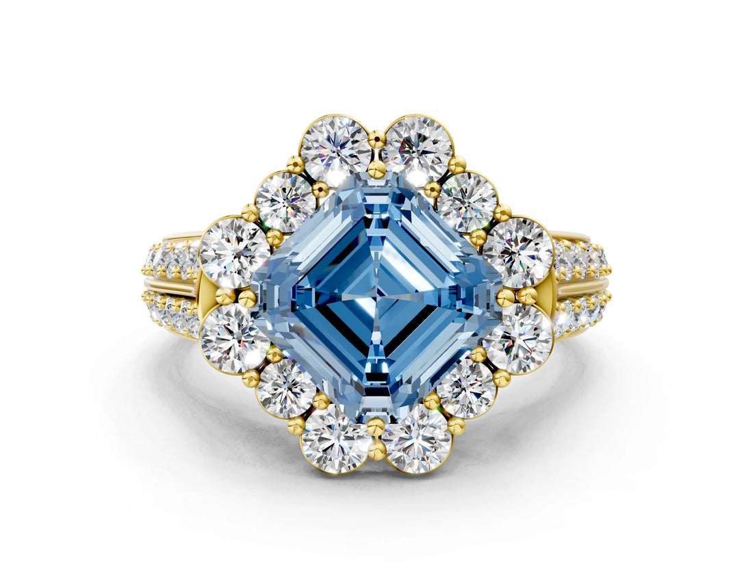 Yellow gold Fancy Blue Asscher  Halo Diamond Engagement Ring with Split Shank and Prong Setting_46