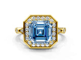 Yellow gold Fancy Blue Asscher  Halo Diamond Engagement Ring with Twisted Band and Four-Prong Setting 1