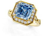 Yellow gold Fancy Blue Asscher  Halo Diamond Engagement Ring with Twisted Band and Four-Prong Setting 2