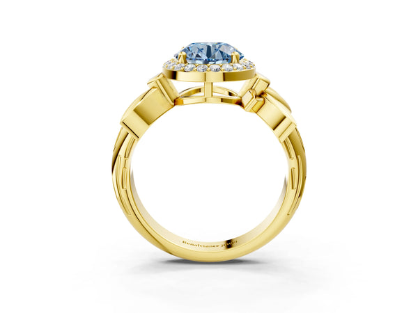 Yellow Gold Asscher Cut Halo Engagement Ring Setting for Fancy Blue Center with Leaf Band