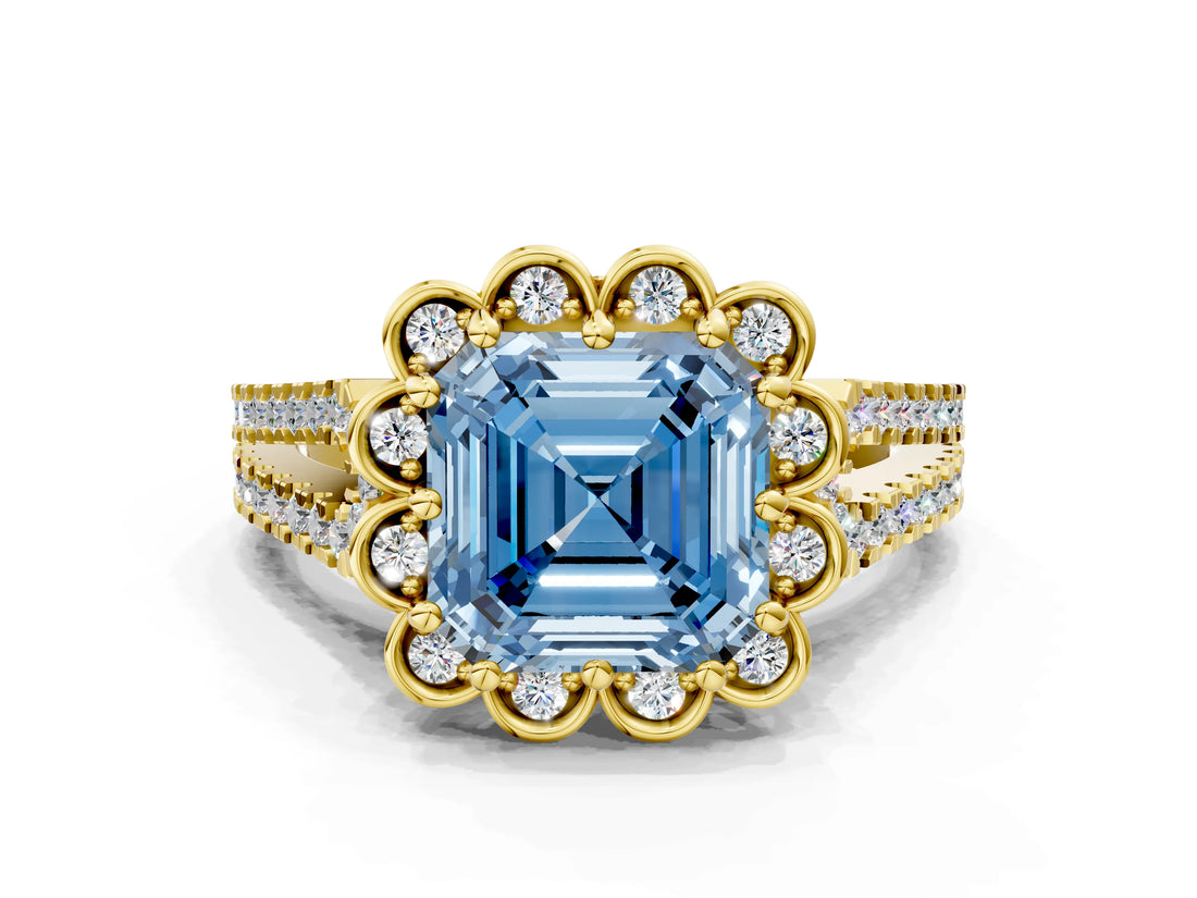 Yellow gold Fancy Blue Asscher  Halo Diamond Floral Split Shank Engagement Ring 2