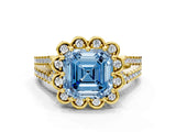 Yellow gold Fancy Blue Asscher  Halo Diamond Floral Split Shank Engagement Ring 2