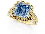Yellow gold Fancy Blue Asscher  Halo Diamond Floral Split Shank Engagement Ring 3