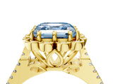 Yellow gold Fancy Blue Asscher  Halo Diamond Floral Split Shank Engagement Ring