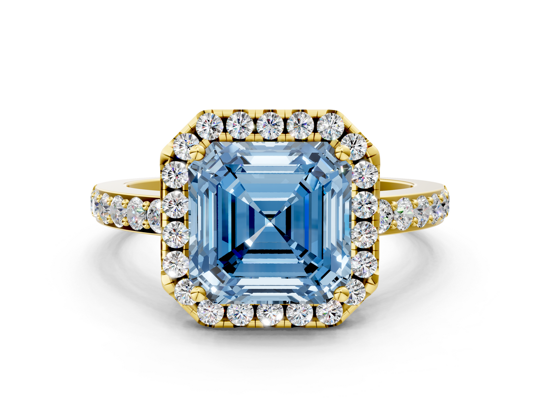 Yellow gold Fancy Blue Asscher  Halo Diamond Pavé Band Ring with Prong Setting