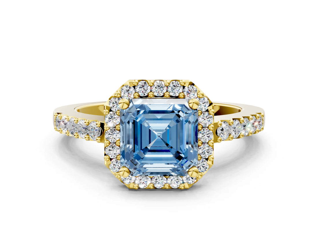Yellow gold Fancy Blue Asscher  Halo Diamond Pavé Solitaire Ring_103