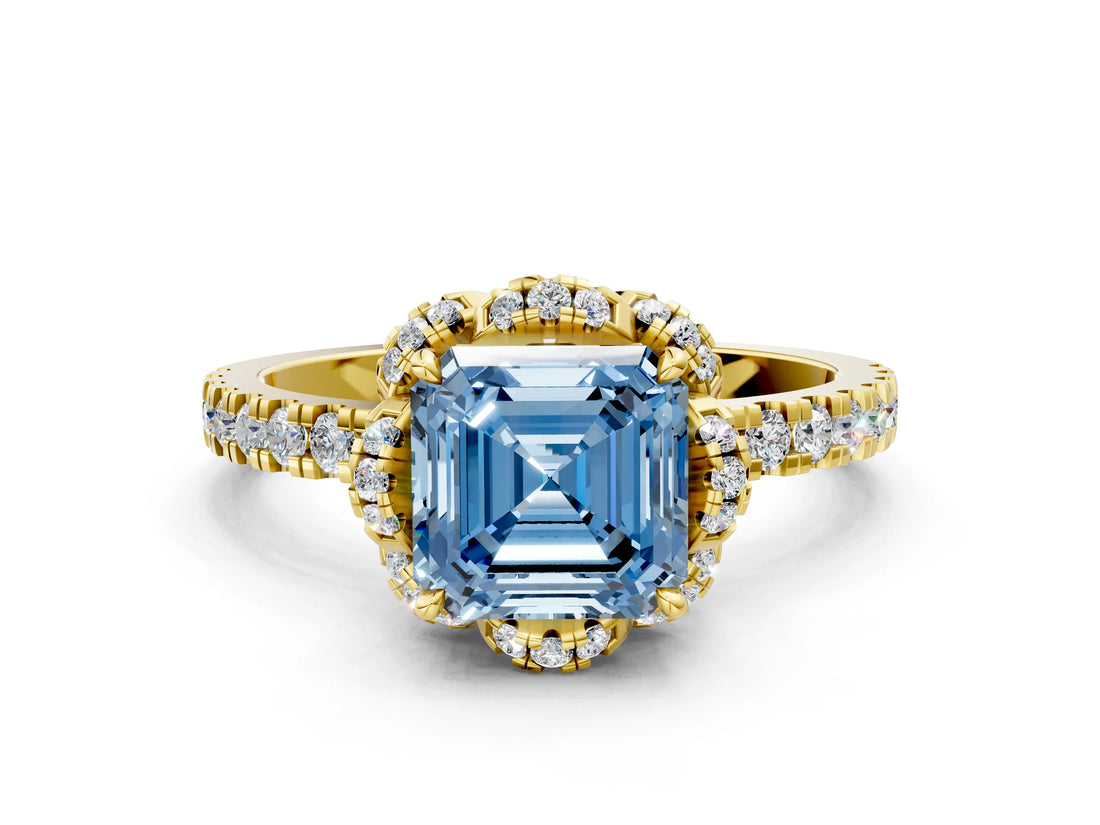 Yellow gold Fancy Blue Asscher  Halo Diamond Pave Band Ring with Four-Prong Setting_15