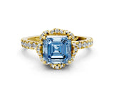 Yellow gold Fancy Blue Asscher  Halo Diamond Pave Band Ring with Four-Prong Setting_15