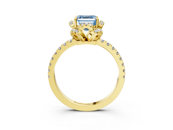 Yellow Gold Asscher Cut Petal Cutout Halo Engagement Ring Setting for Fancy Blue Center