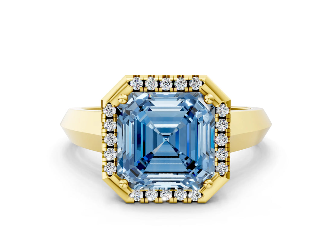 Yellow gold Fancy Blue Asscher  Halo Diamond Ring with Cathedral Band and Four-Prong Setting_81