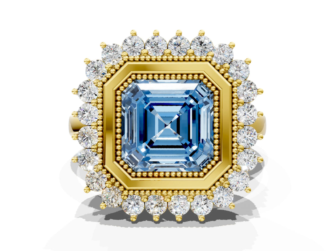 Yellow gold Fancy Blue Asscher  Halo Diamond Ring with Milgrain Edge and Round Prong Setting_76