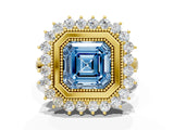 Yellow gold Fancy Blue Asscher  Halo Diamond Ring with Milgrain Edge and Round Prong Setting_76