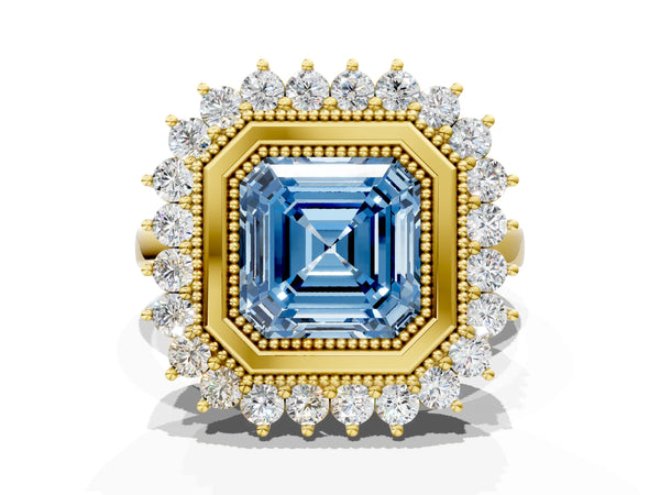 Yellow gold Fancy Blue Asscher  Halo Diamond Ring with Milgrain Edge and Round Prong Setting