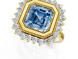 Yellow gold Fancy Blue Asscher  Halo Diamond Ring with Milgrain Edge and Round Prong Setting_77