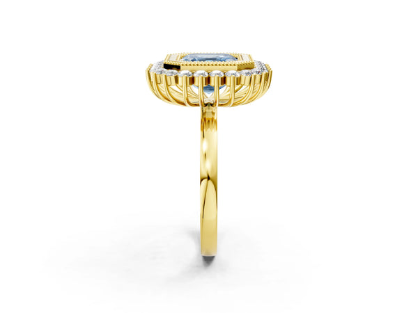 Yellow gold Fancy Blue Asscher  Halo Diamond Ring with Milgrain Edge and Round Prong Setting