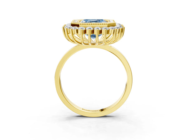 Yellow gold Fancy Blue Asscher  Halo Diamond Ring with Milgrain Edge and Round Prong Setting