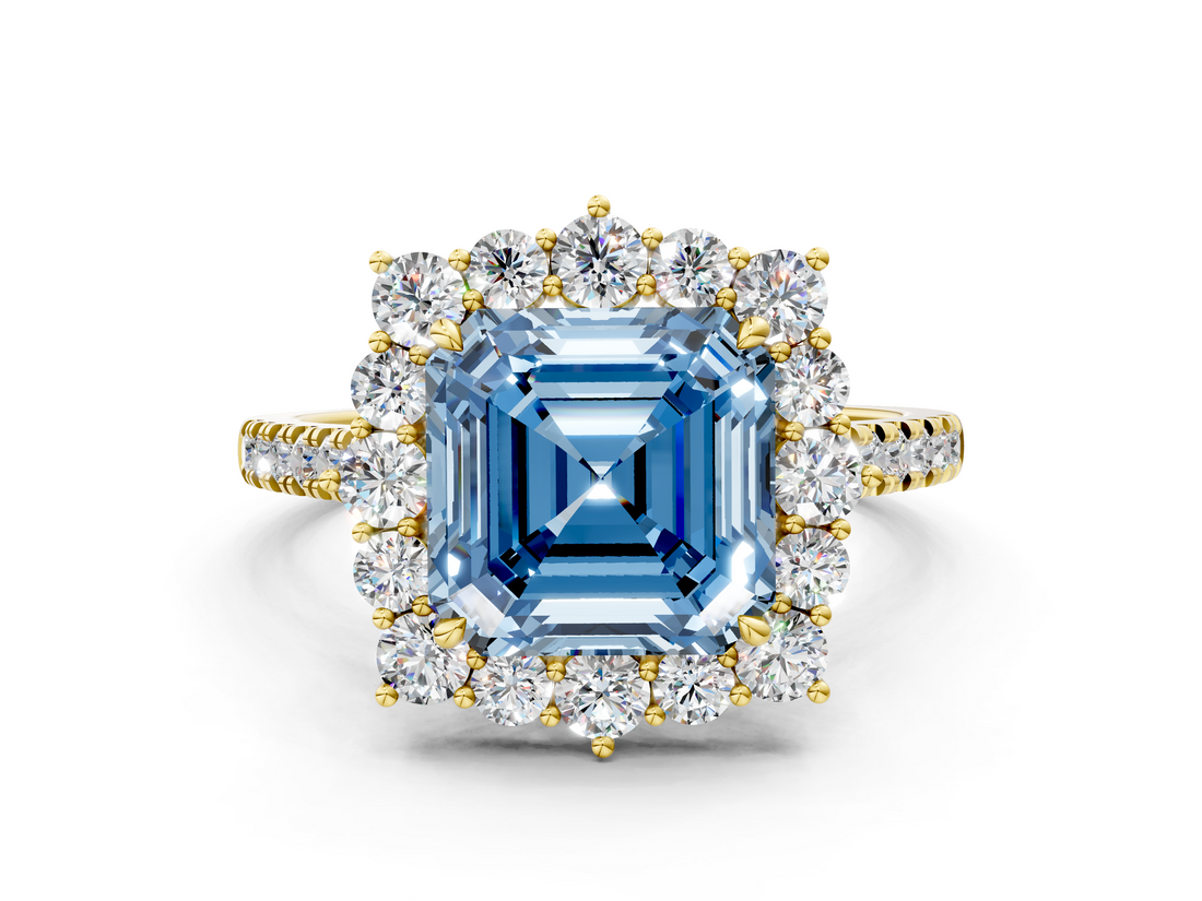 Yellow gold Fancy Blue Asscher  Halo Diamond Ring with Pavé Band and Prong Setting_17