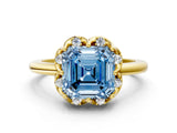Yellow gold Fancy Blue Asscher  Halo Diamond Ring with Round Cluster Setting, Solitaire Band, and Four-Prong Setting_30