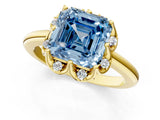 Yellow gold Fancy Blue Asscher  Halo Diamond Ring with Round Cluster Setting, Solitaire Band, and Four-Prong Setting_31