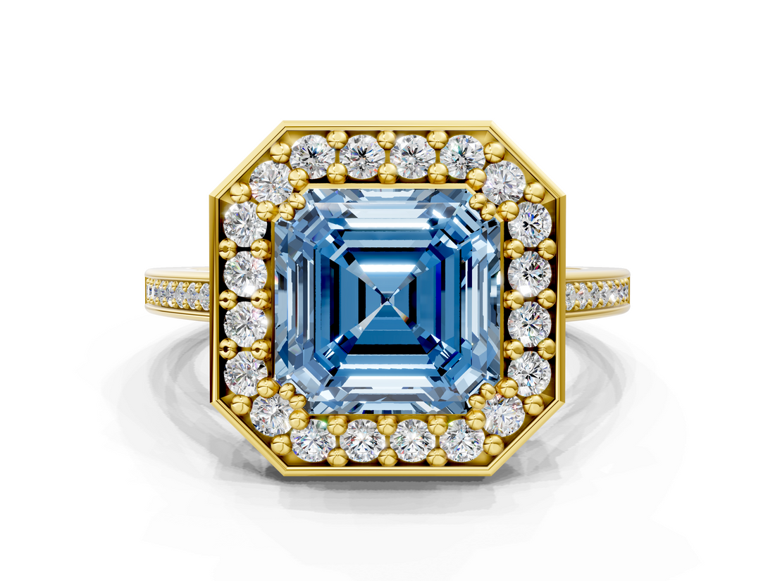 Yellow gold Fancy Blue Asscher  Halo Diamond Ring with Split Shank and Four-Prong Setting