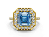 Yellow gold Fancy Blue Asscher  Halo Diamond Ring with Split Shank and Four-Prong Setting