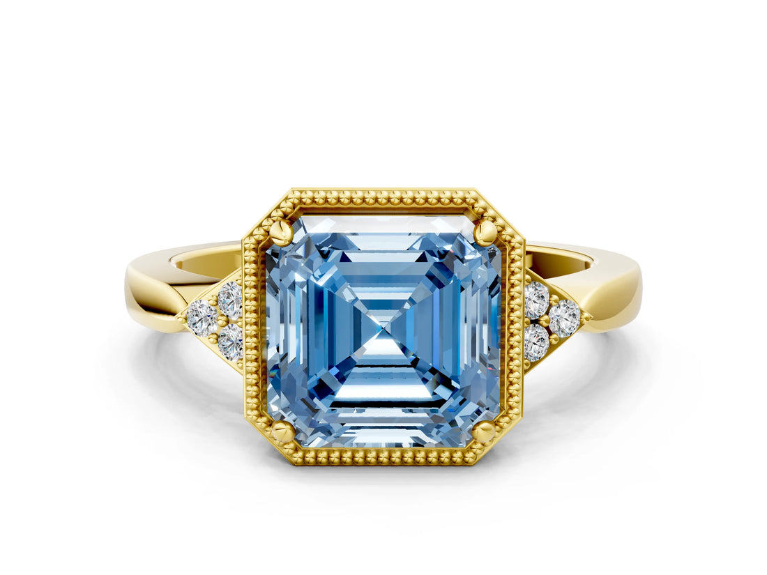 Yellow gold Fancy Blue Asscher  Halo Diamond Ring with Tapered Band and Four-Prong Setting_7