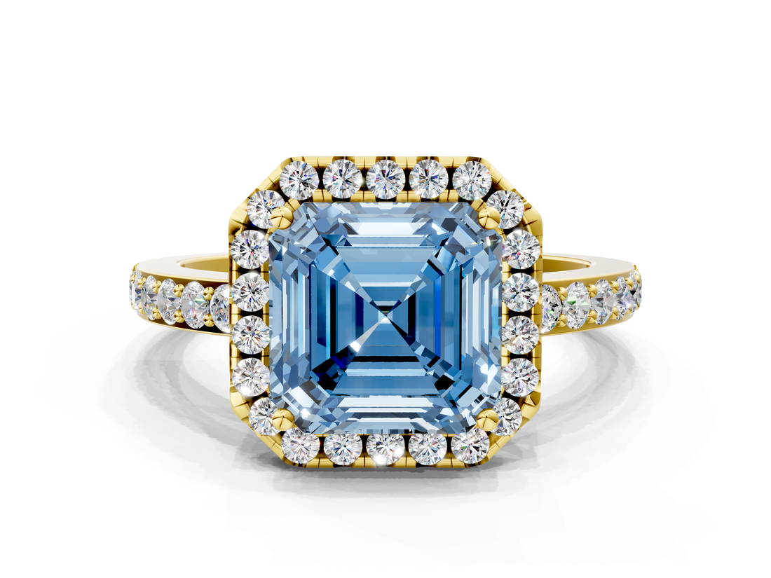 Yellow gold Fancy Blue Asscher  Halo Diamond Solitaire with Pavé Band and Four-Prong Setting_29