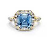 Yellow gold Fancy Blue Asscher  Halo Diamond Solitaire with Pavé Band and Four-Prong Setting_29