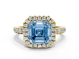 Yellow gold Fancy Blue Asscher  Halo Diamond Solitaire with Pavé Band and Four-Prong Setting_46