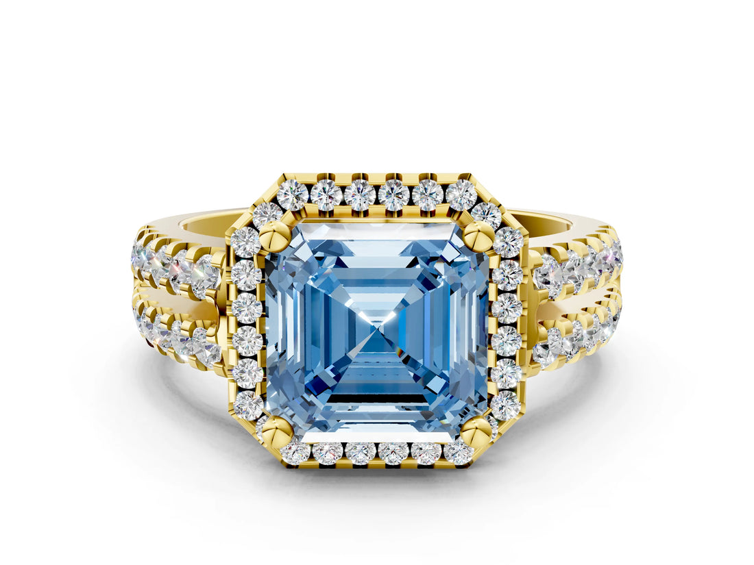 Yellow gold Fancy Blue Asscher  Halo Diamond Split Shank Engagement Ring with Prong Setting_93